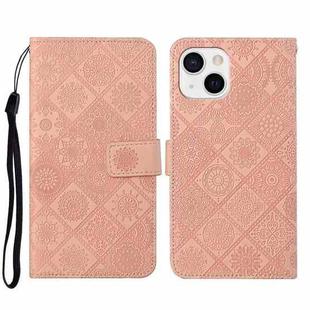 For iPhone 14 Plus Ethnic Style Embossed Pattern Leather Phone Case (Pink)