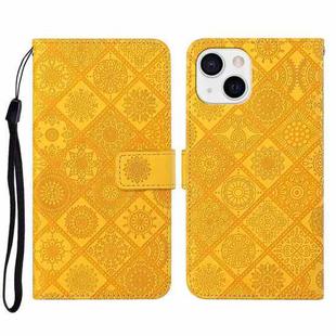 For iPhone 14 Plus Ethnic Style Embossed Pattern Leather Phone Case (Yellow)