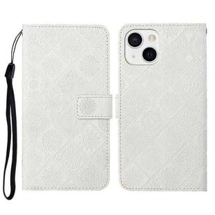 For iPhone 14 Plus Ethnic Style Embossed Pattern Leather Phone Case (White)