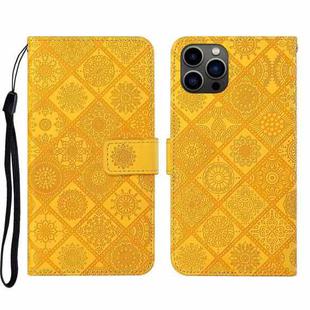 For iPhone 14 Pro Max Ethnic Style Embossed Pattern Leather Phone Case (Yellow)