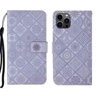 For iPhone 14 Pro Max Ethnic Style Embossed Pattern Leather Phone Case (Purple)