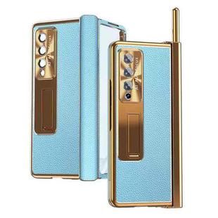 For Samsung Galaxy Z Fold4 Litchi Pattern Magnetic Shell Film Integrated Shockproof Phone Case(Blue Gold)