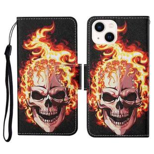 For iPhone 14 3D Colored Drawing Flip Leather Phone Case (Flame Skull)