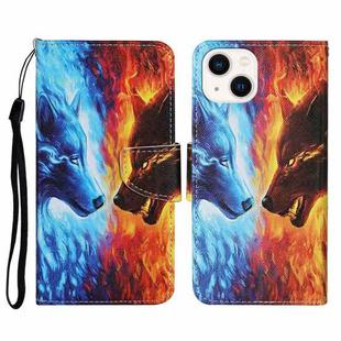 For iPhone 14 Plus 3D Colored Drawing Flip Leather Phone Case (Fire Wolf)