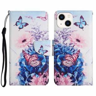 For iPhone 14 Plus 3D Colored Drawing Flip Leather Phone Case (Purple butterfly)
