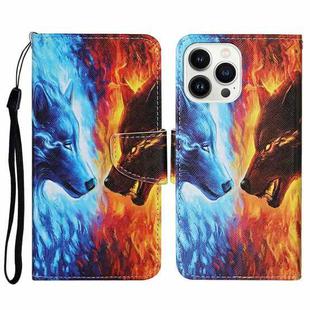 3D Colored Drawing Flip Leather Phone Case For iPhone 14 Pro(Fire Wolf)