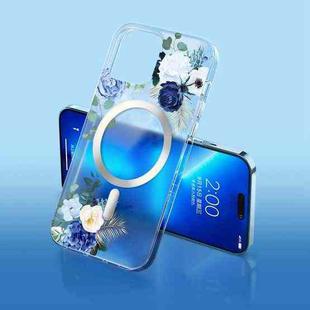 For iPhone 14 Pro Max Flower Frosted MagSafe Phone Case (Blue Flower)
