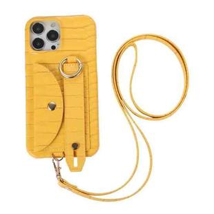 For iPhone 13 Pro Max Functional Card Bag PC Phone Case with Ring & Lanyard (Yellow)