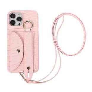 For iPhone 11 Pro Max Functional Card Bag PC Phone Case with Ring & Lanyard (Pink)