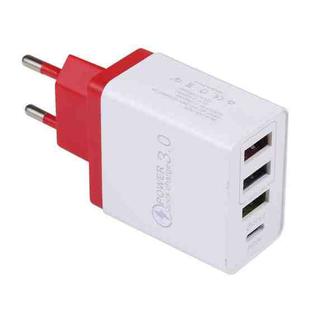 AR-2025 4 in 1 QC3.0 PD20W 3xUSB + USB-C / Type-C Wall Travel Charger, EU Plug(Red)