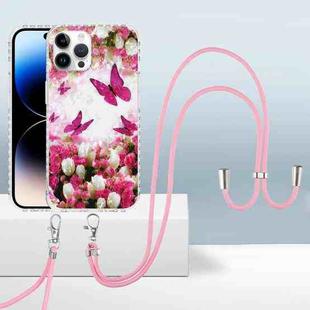 For iPhone 14 Pro 2.0mm Airbag Shockproof TPU Phone Case with Lanyard(Dancing Butterflies)