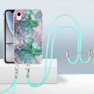 For iPhone XR 2.0mm Airbag Shockproof TPU Phone Case with Lanyard(Ink Green Marble)