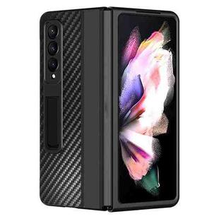 For Samsung Galaxy Z Fold4 Carbon Fiber Texture Shockproof Splicing Leather Case with Holder(Black)