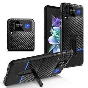 For Samsung Galaxy Z Flip4 Carbon Fiber Texture Shockproof Splicing Leather Case with Holder(Blue)