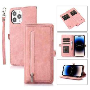 For iPhone 14 Pro Max Zipper Card Slot Buckle Wallet Leather Phone Case (Rose Gold)