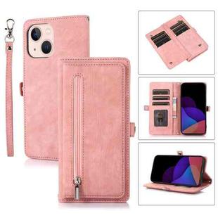 For iPhone 14 Plus Zipper Card Slot Buckle Wallet Leather Phone Case (Rose Gold)