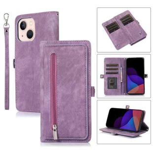 For iPhone 14 Plus Zipper Card Slot Buckle Wallet Leather Phone Case (Purple)