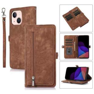 For iPhone 14 Plus Zipper Card Slot Buckle Wallet Leather Phone Case (Brown)
