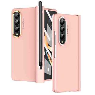 For Samsung Galaxy Z Fold4 Skin Feel Two-color Contact Lens Hinge Flip Phone Case with Pen Slot(Pink)