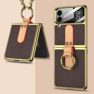 For Samsung Galaxy Z Flip4 GKK Plating + Leather Phone Case with Ring & Strap(Brown)