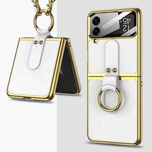 For Samsung Galaxy Z Flip4 GKK Plating + Leather Phone Case with Ring & Strap(White)