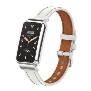 For Xiaomi Mi Band 7 Pro Microfiber Leather Metal Frame Watch Band(Warm White + Bright Silver Case)