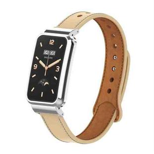 For Xiaomi Mi Band 7 Pro Double Stud Leather Metal Frame Watch Band(Apricot)