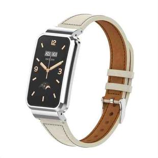 For Xiaomi Mi Band 7 Pro Plain Weave Small Waist Leather Metal Frame Watch Band(Warm White)