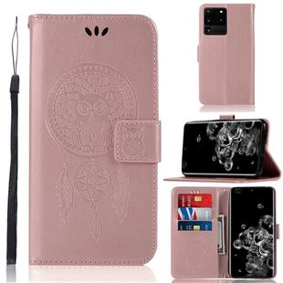 For Galaxy S20 Ultra Wind Chime Owl Embossing Pattern Horizontal Flip Leather Case, with Holder & Card Slots & Wallet(Rose Gold)