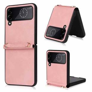 For Samsung Galaxy Z Flip4 Lambskin Texture Leather Phone Case with Lanyard(Pink)