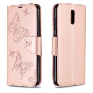 For Nokia 2.3 Two Butterflies Embossing Pattern Horizontal Flip Leather Case with Holder & Card Slot & Wallet & Lanyard(Rose Gold)