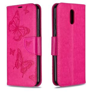 For Nokia 2.3 Two Butterflies Embossing Pattern Horizontal Flip Leather Case with Holder & Card Slot & Wallet & Lanyard(Rose Red)