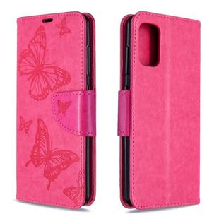 For Galaxy A41 Two Butterflies Embossing Pattern Horizontal Flip Leather Case with Holder & Card Slot & Wallet & Lanyard(Rose Red)
