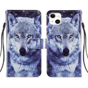 For iPhone 14 Plus Painted Pattern Leather Phone Case (White Wolf)