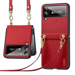For Samsung Galaxy Z Flip4 SULADA Litchi Texture Leather + TPU Phone Case with Strap(Red)