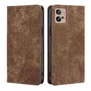 For Motorola Moto G32 4G RFID Anti-theft Brush Magnetic Leather Phone Case(Brown)