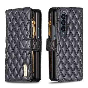 For Samsung Galaxy Z Fold4 Diamond Lattice Zipper Wallet Leather Flip Phone Case(Black)