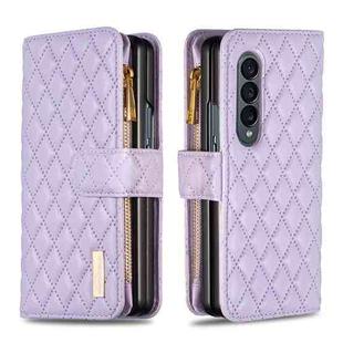 For Samsung Galaxy Z Fold4 Diamond Lattice Zipper Wallet Leather Flip Phone Case(Purple)