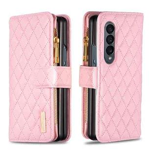 For Samsung Galaxy Z Fold4 Diamond Lattice Zipper Wallet Leather Flip Phone Case(Pink)