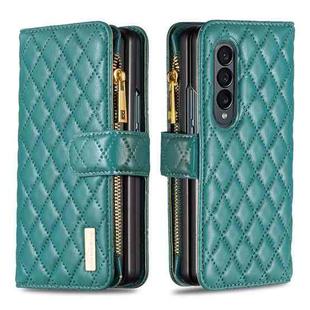 For Samsung Galaxy Z Fold4 Diamond Lattice Zipper Wallet Leather Flip Phone Case(Green)
