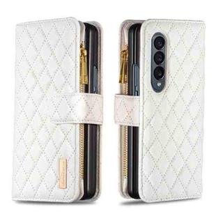 For Samsung Galaxy Z Fold4 Diamond Lattice Zipper Wallet Leather Flip Phone Case(White)