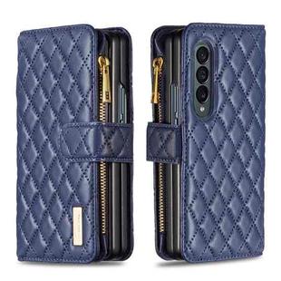 For Samsung Galaxy Z Fold4 Diamond Lattice Zipper Wallet Leather Flip Phone Case(Blue)