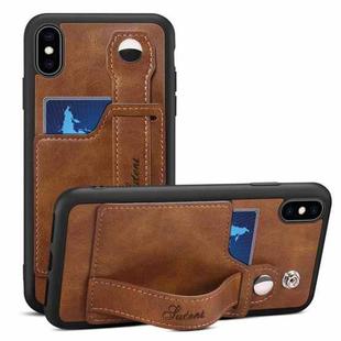 For iPhone X / XS Suteni 215 Wrist Strap PU Phone Case(Brown)