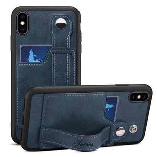 For iPhone X / XS Suteni 215 Wrist Strap PU Phone Case(Blue)