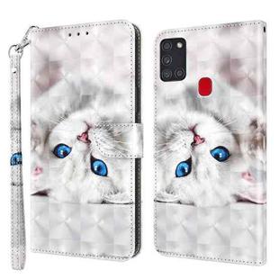 For Samsung Galaxy A21s 3D Painted Leather Phone Case(Reflection White Cat)