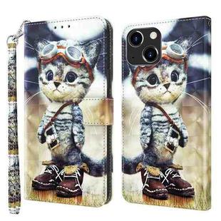 For iPhone 14 3D Painted Leather Phone Case (Naughty Cat)