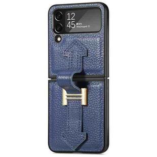 For Samsung Galaxy Z Flip4 Genuine Leather Litchi Pattern Phone Case with Wrist(Blue)