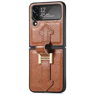 For Samsung Galaxy Z Flip4 Genuine Leather Litchi Pattern Phone Case with Wrist(Brown)