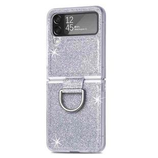 For Samsung Galaxy Z Flip4 Glitter Leather Skin PC Phone Case with Ring(Silver)