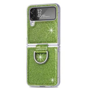 For Samsung Galaxy Z Flip4 Glitter Leather Skin PC Phone Case with Ring(Green)